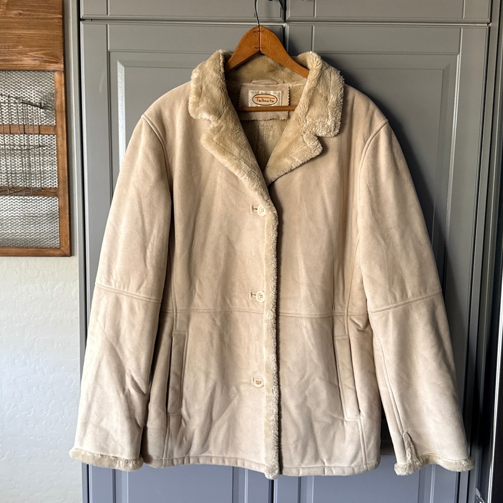Talbots Vintage Penny Lane Faux Suede/Fur Button Front Coat, Tan,L